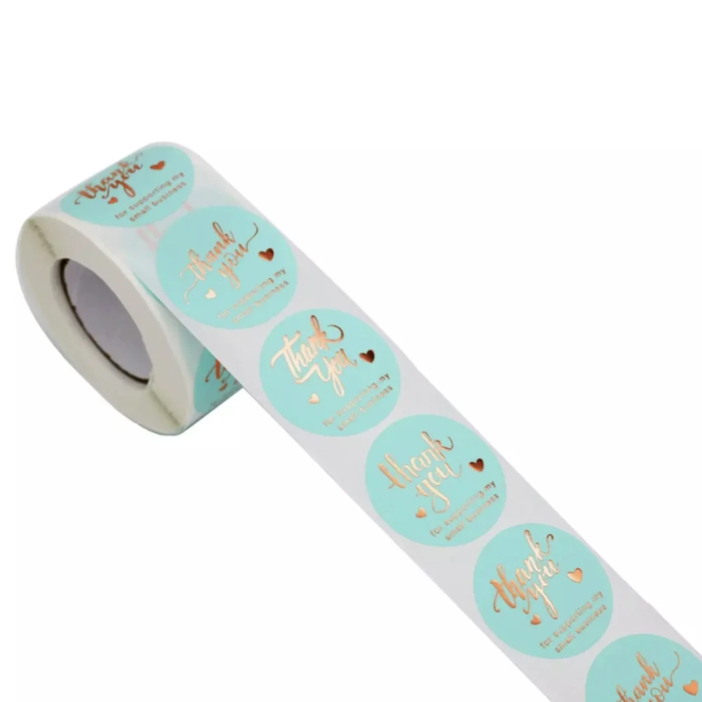 500 Thank You Stickers Roll -💛Gold and Blue🩵 500 per Roll 4 Designs